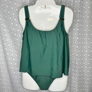 Ellen‎ Tracy One Piece Tankini Green Swimsuit Gold Accent Size 8